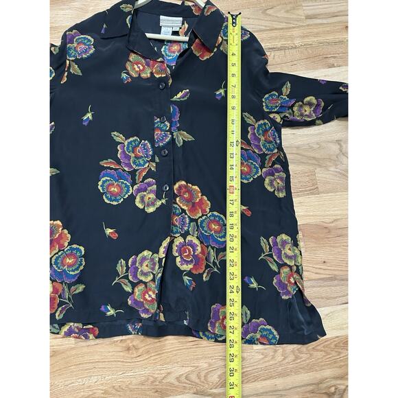 Coldwater Creek Silk Blouse Top Shirt Button Black Floral Medium Long Sleeve - Picture 8 of 10